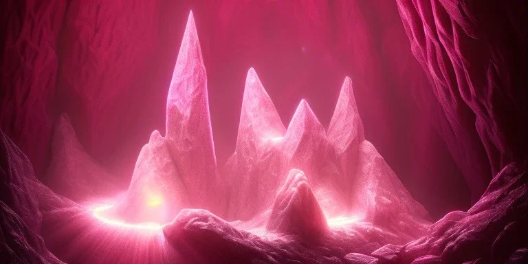 single pink crystal, on an altar in a foggy cave, cinematic,