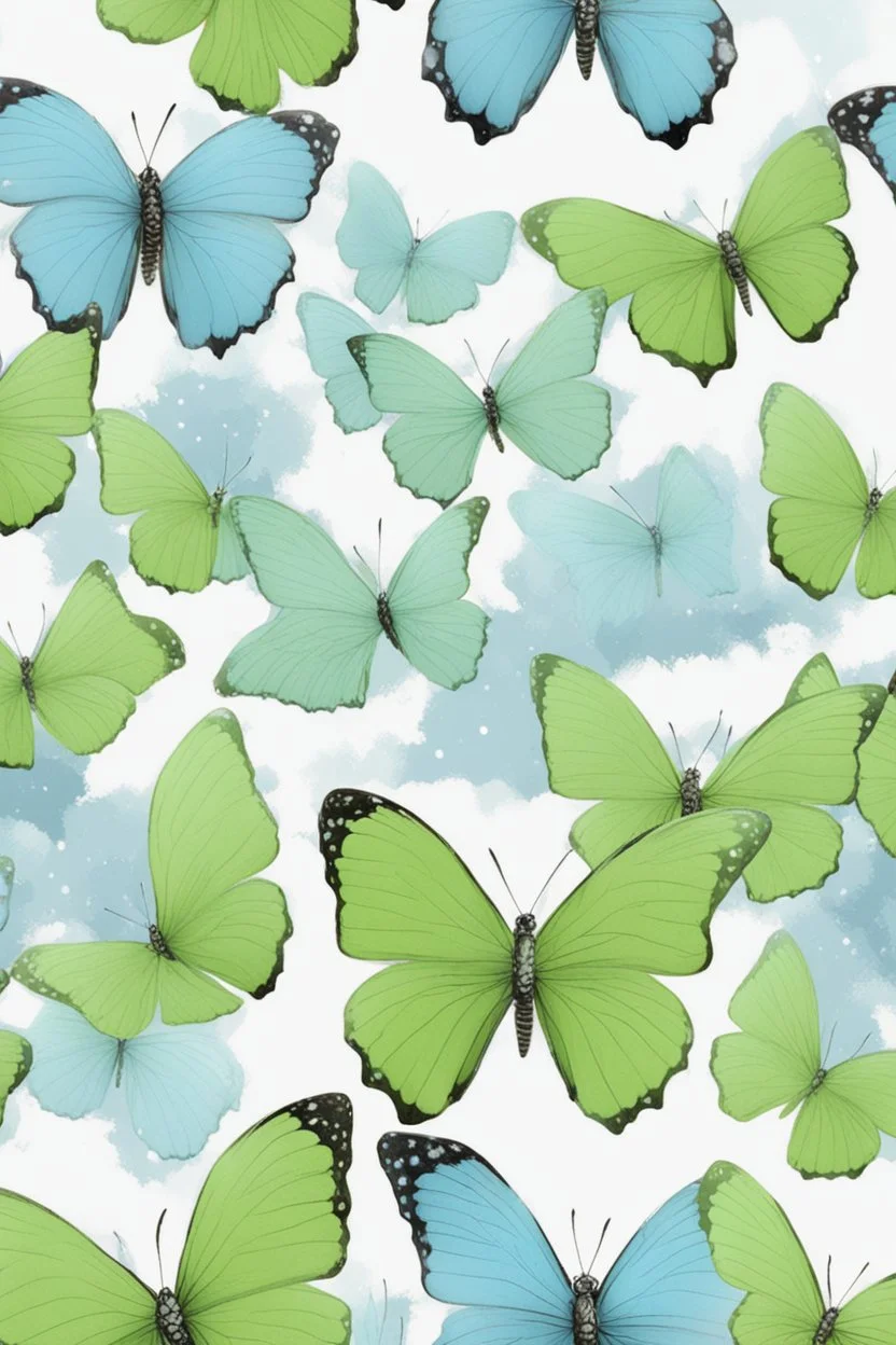 Light green and light blue butterflies in the snowy winter