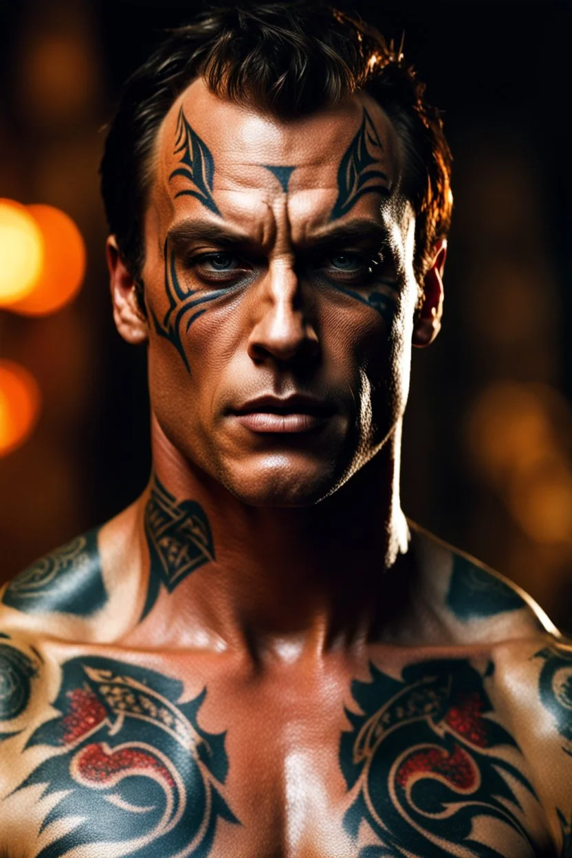 Toby Stephens as muscular man with short hair and tribal tattoos and piercings. sitting, realistic face, close-up, modern fantasy, intricate details, hyper detailed