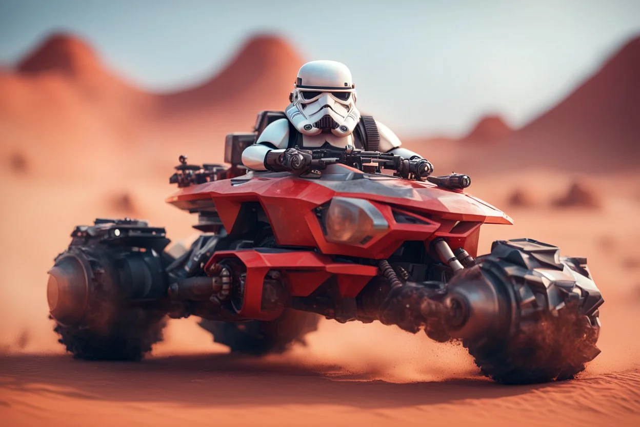 lowpoly storm trooper bear driving highly symmetric metallic rocket propelled mad max ATV that looks like a helmet with rounded glass bubble roof in red desert, bokeh like f/0.8, tilt-shift lens 8k, high detail, smooth render, down-light, unreal engine, prize winning