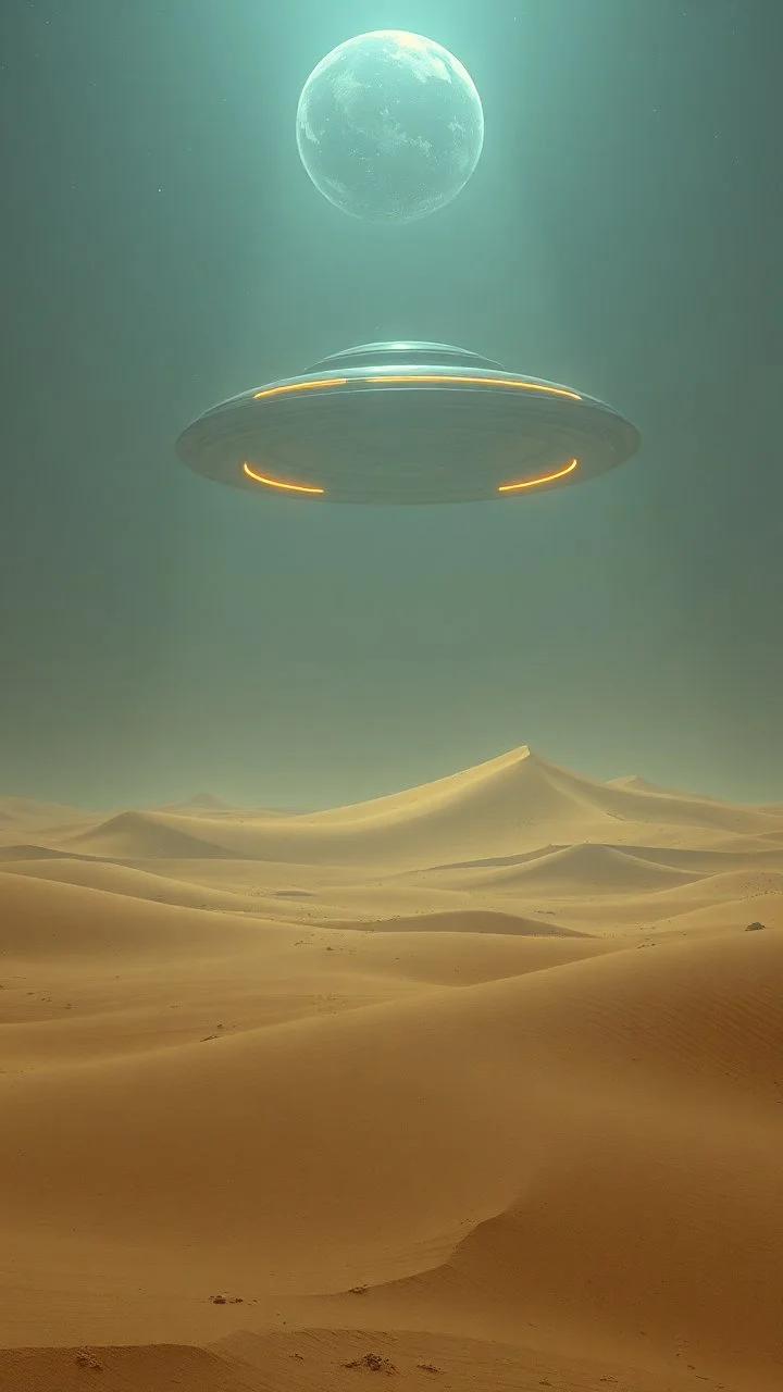 realistic photo of a landscape covered in sands that looks futuristic with futuristic lighting , spaceship, Bruegel painting style