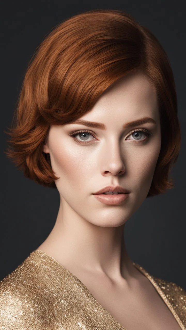 mix christina hendricks molly quinn alexandra daddario, short haircut, tanned skin, dark background, mid shot, full body, neutral expression, buzzcut hair, ultra realistic, highres, superb, 8k wallpaper, extremely detailed, intricate, limited palette,