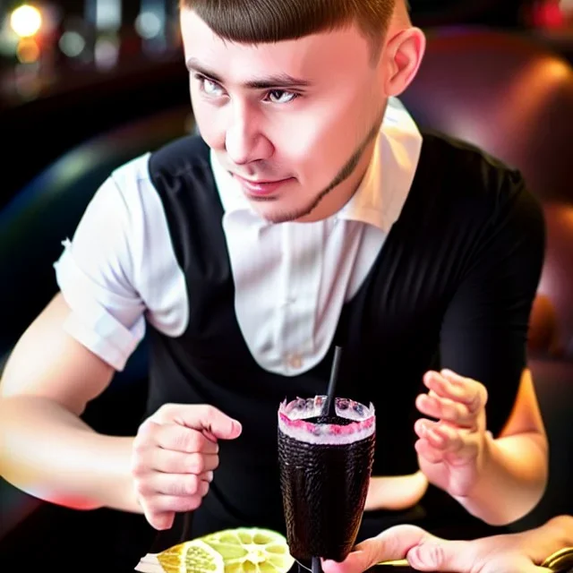 Russian guy young boy short man's haircut men's face boyish features female figure in black girlish lacy cocktail dress in restaurant