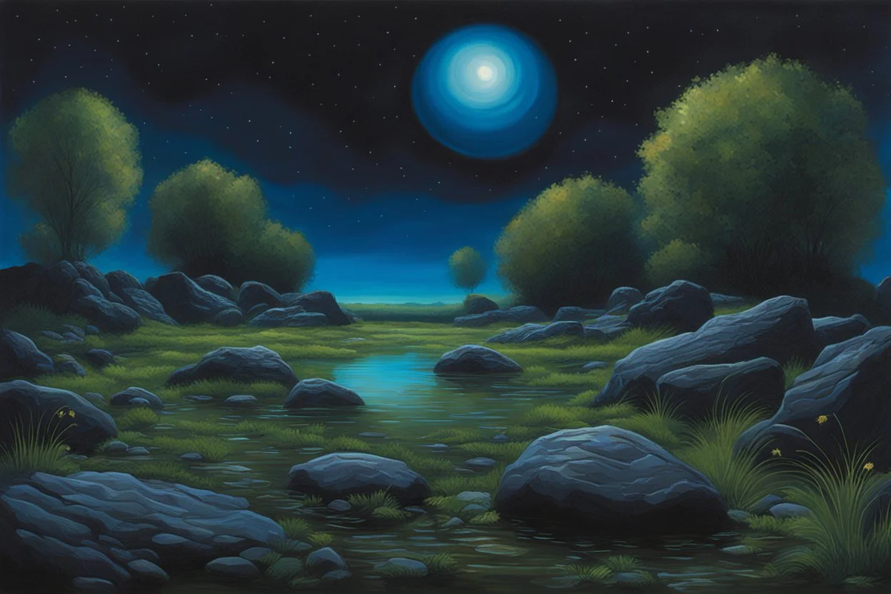 Dark blue sky with one exoplanet in the horizon, rocks, puddle, weeds, 2000's sci-fi movies influence, epic, ernest welvaert, and friedrich eckenfelder impressionism paintings