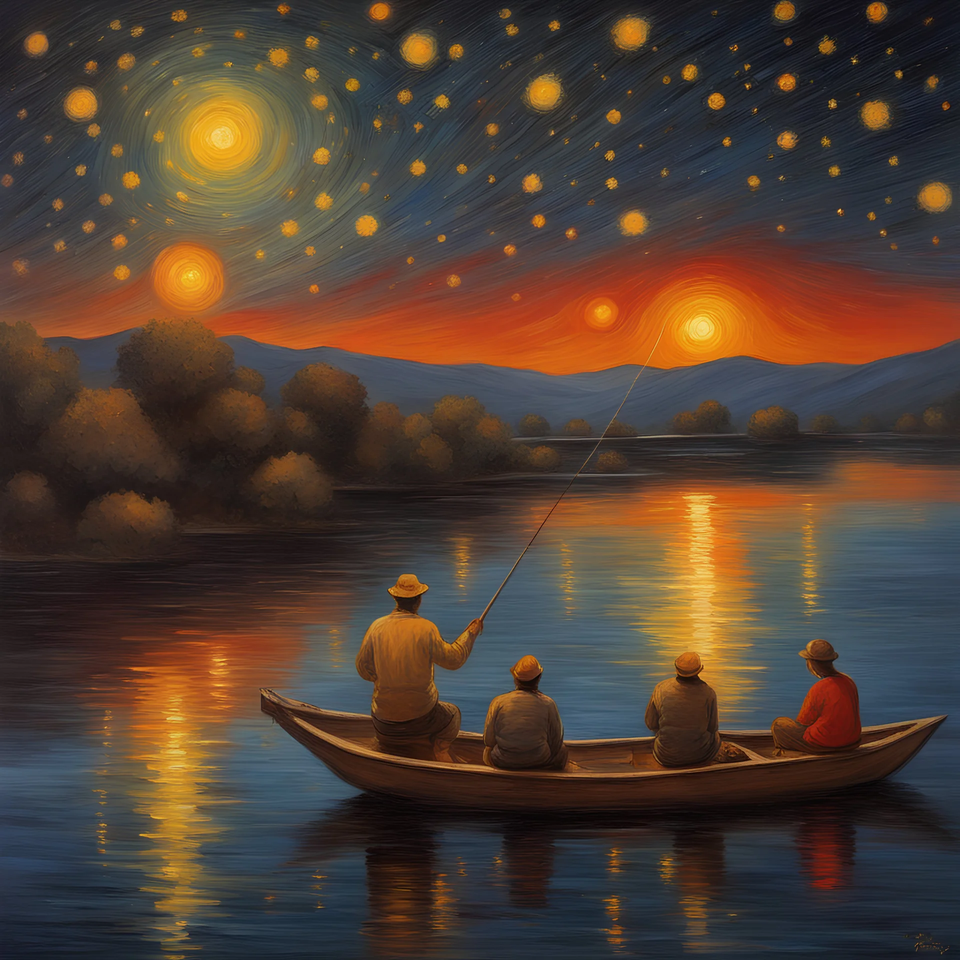 Starry night with Yellow colours and red colours and orange colours, People fishing, painting