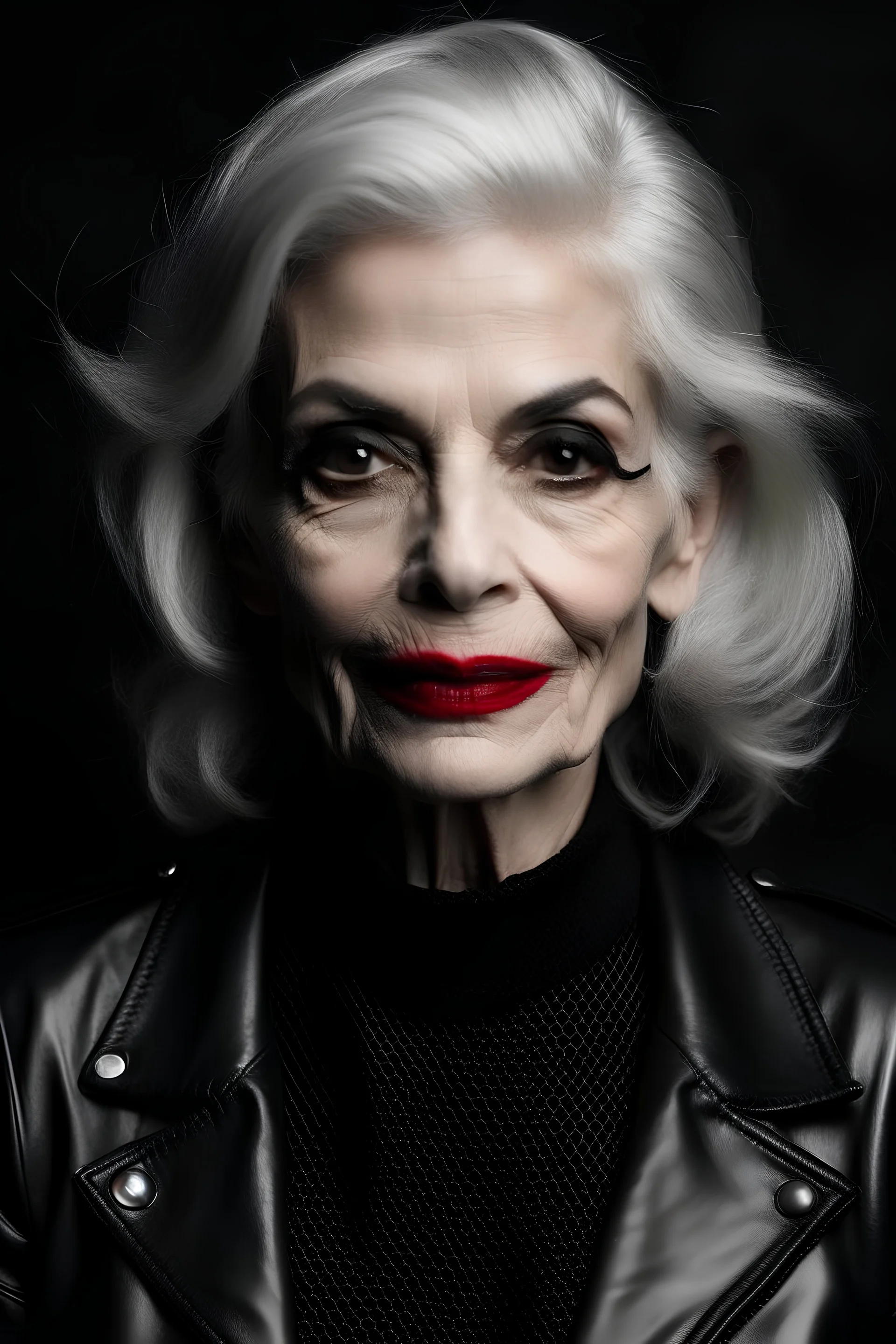 Elderly , attractive Rock Chick, heavily made up, smoky eye shadow, full lips, red lipstick, red nail varnish, false eyelashes, full length, in black long-sleeved short PU dress, black shiny leggings, high-heeled boots, bobbed silver-grey hair, facial piercings