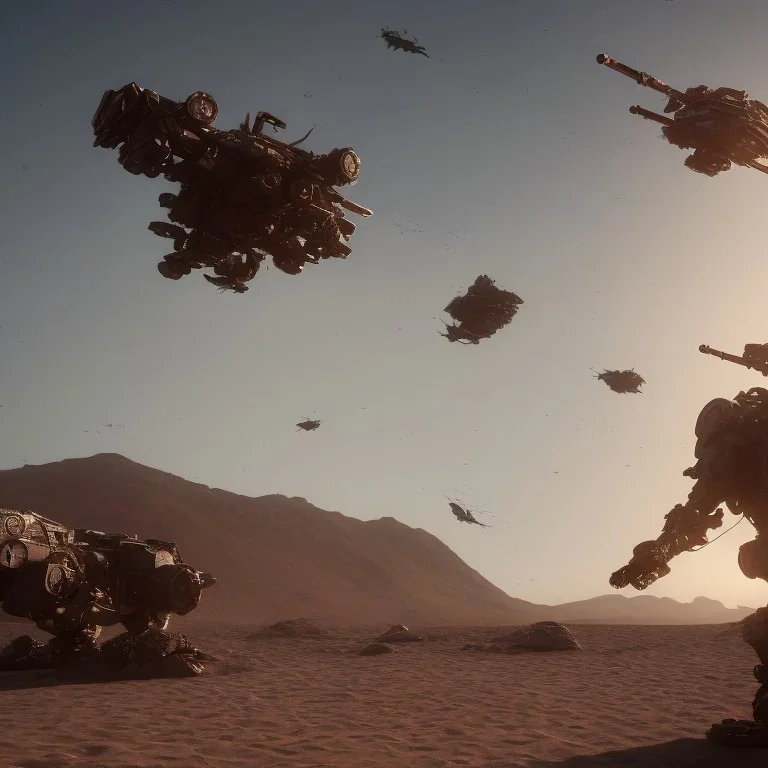 Armored Core machine robot fights another Armored Core fly in the sky in the desert with the ocean where you can see the space in the sky with the twilight on the horizon, 4k resolution