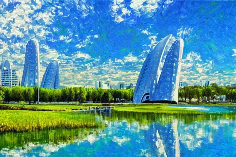 Sunny Day, futuristic buildings near the tree and lake zone, sci-fi, realistic vision, impressionism painting