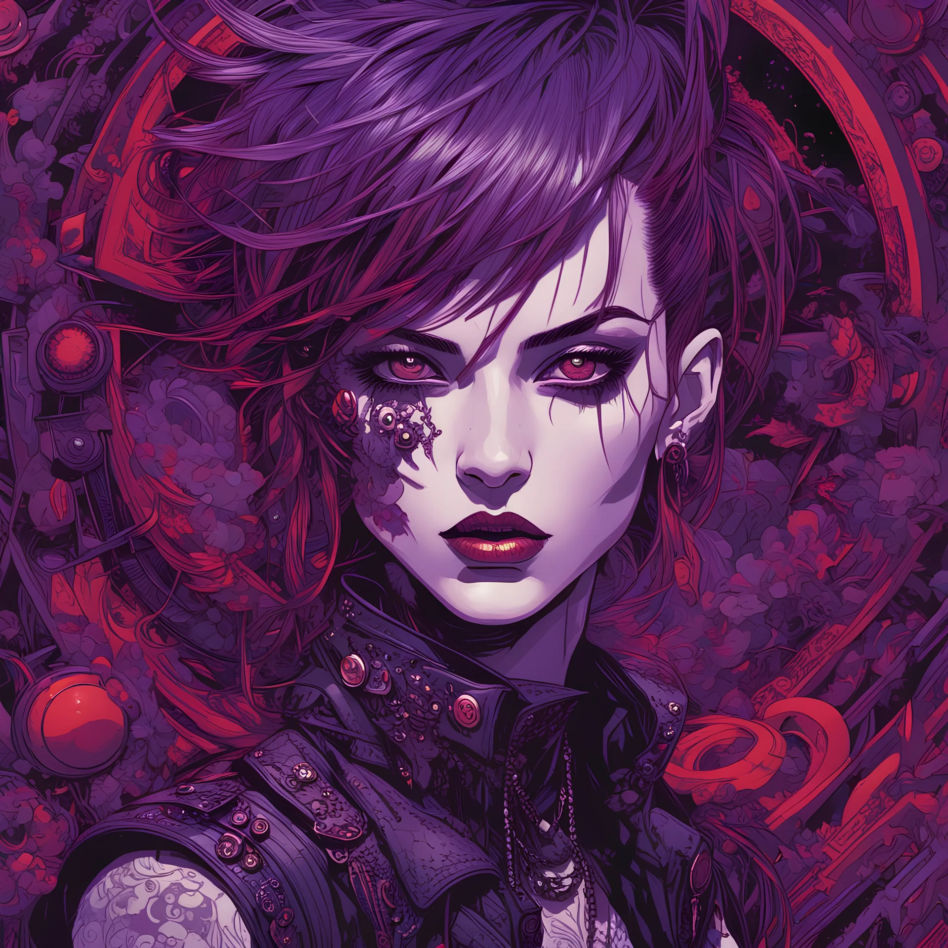 beautiful punk girl, hyper detailed, hyperdetailed, intricately detailed, illustration by <kilian eng>, purple tones, darkred tones,