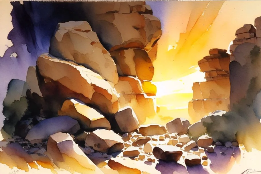 Sunset, rocks, mountains, rocky land, epic, john singer sargent watercolor paintings