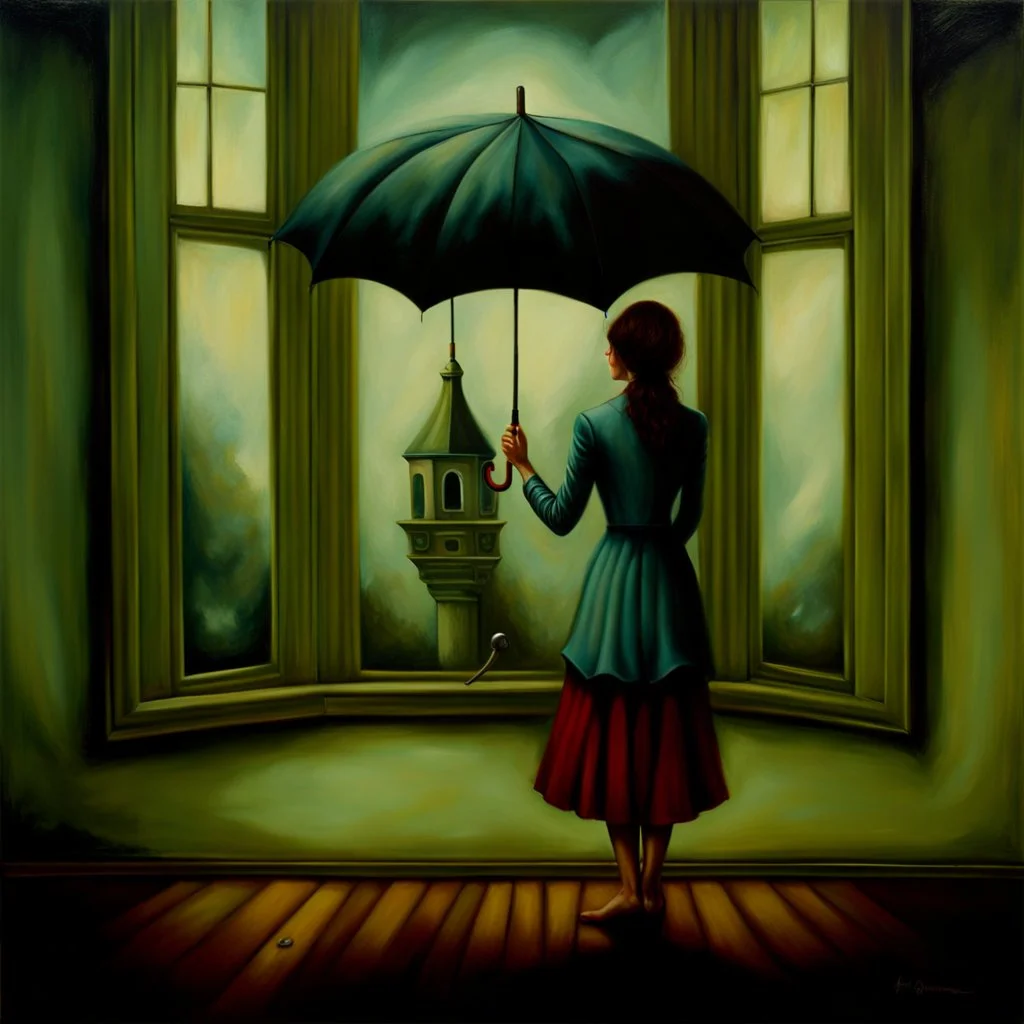 painting of a woman holding an umbrella in a room with a window, surreal oil painting, inspired by Esao Andrews, andrews esao artstyle, magical realism painting, style of esao andrews, !!!esao andrews!!!, by Esao Andrews, by ESAO, surrealistic painting, surreal painting, by Lee Madgwick, inspired by ESAO