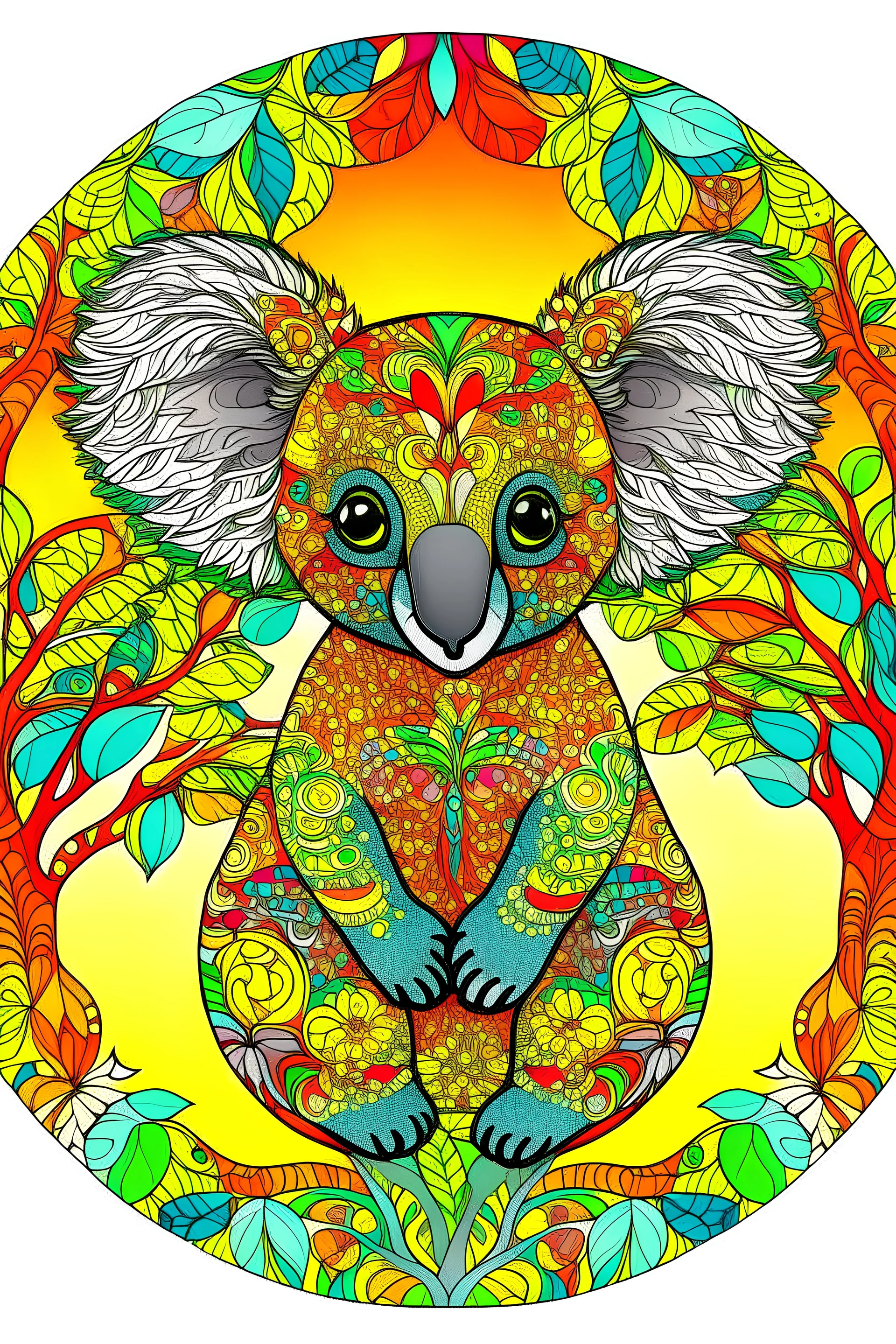 mandala koala clinging to a tree: multicolor with background yellow