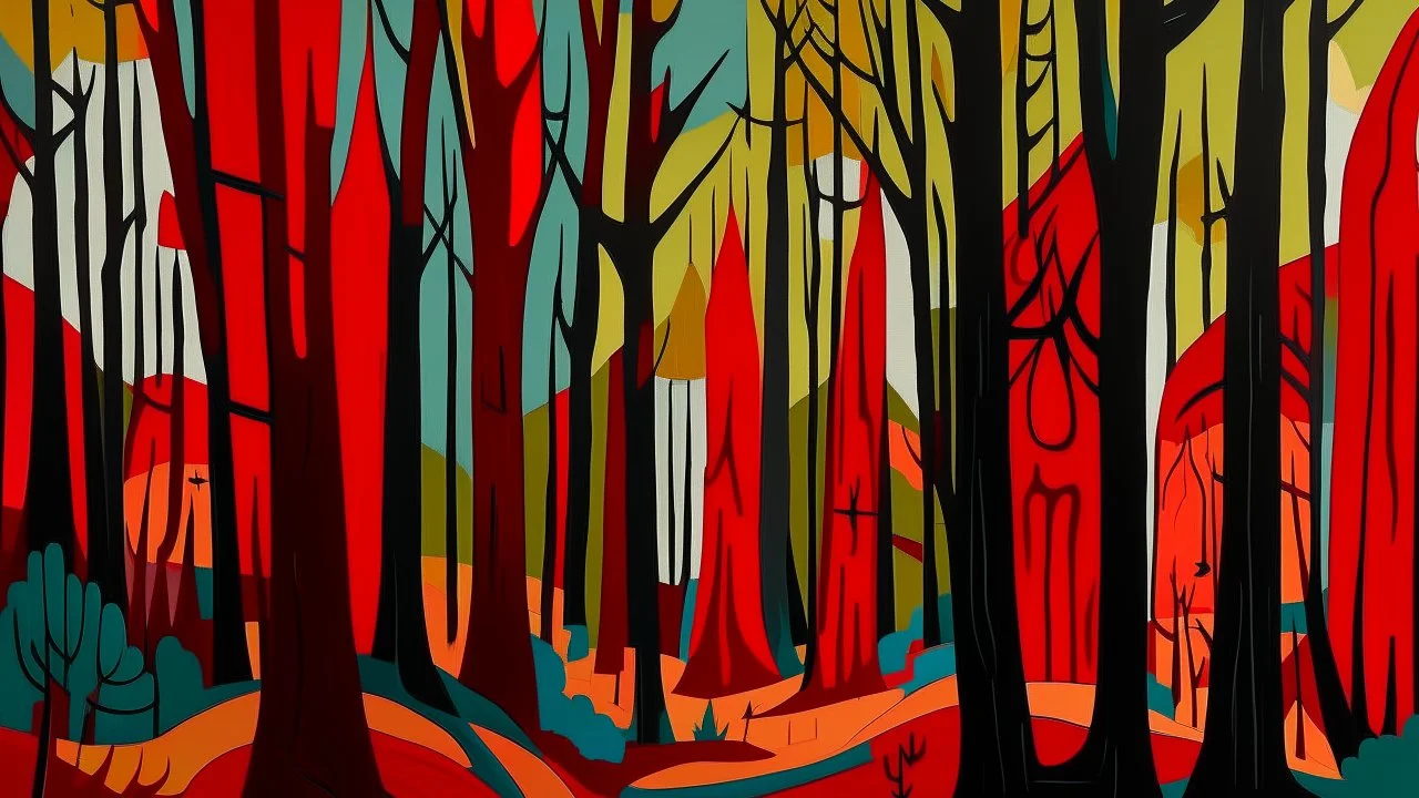 A dark red forest with warped trees painted by Stuart Davis