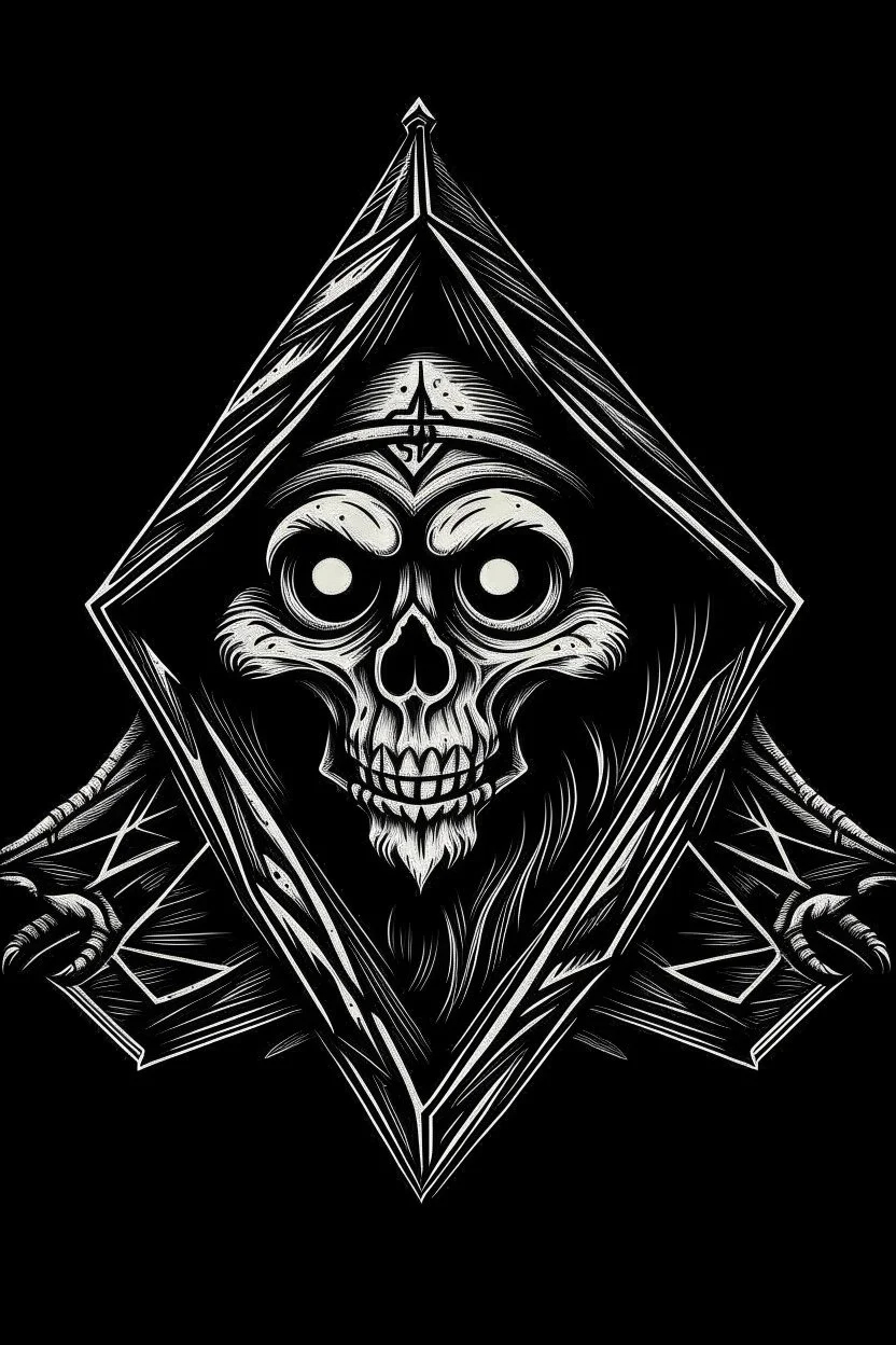 rat fink skeleton in a black hooded cloak drawn in a retro mascot style, inside a light diamond shape on a black background, monochromatic