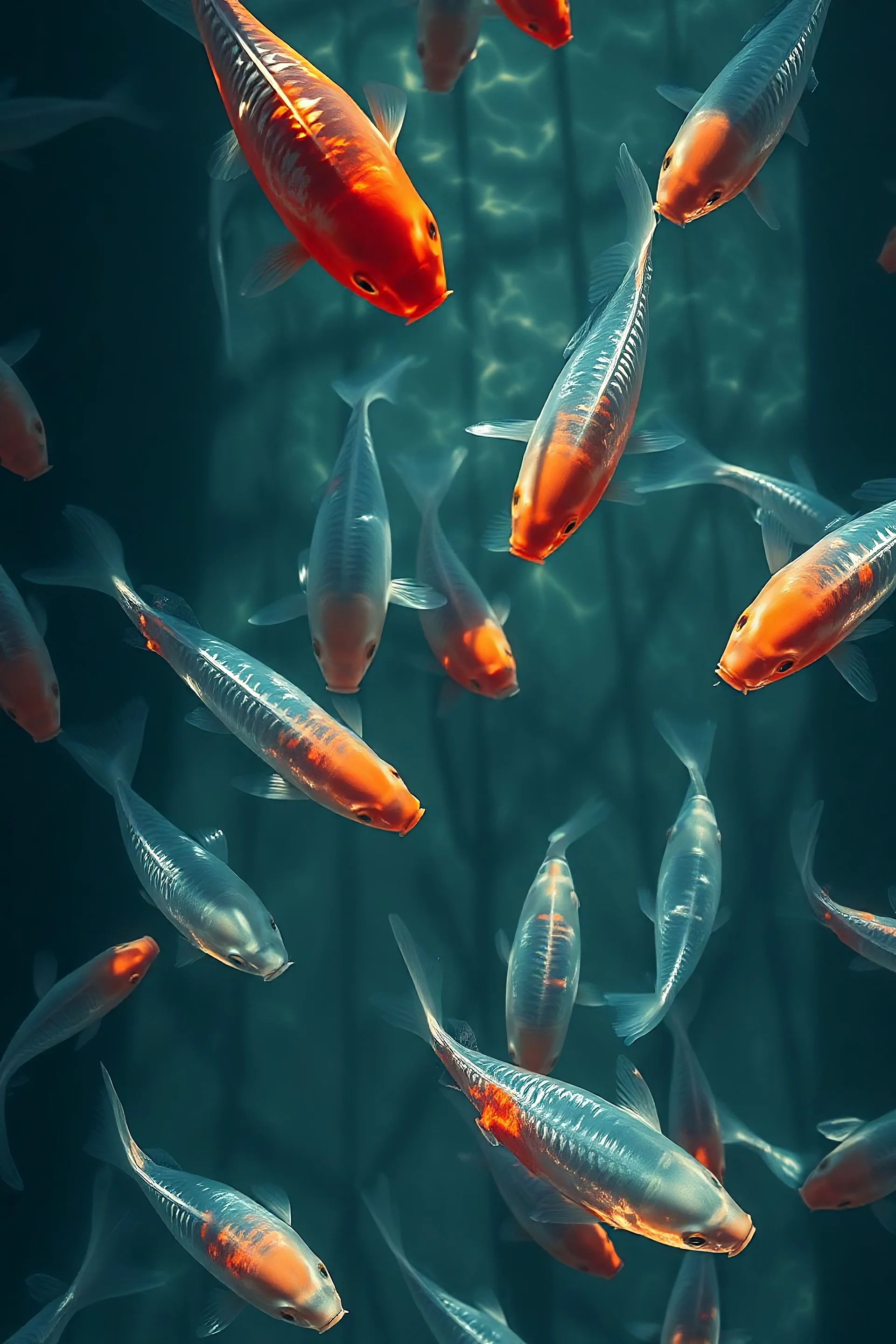 an artistic digital painting a top view of a school of fish swimming in a pond, the fish are transparent as if made of glass and they are completely colorless, the whole mood is very bright with minimal color, cinematic masterpiece