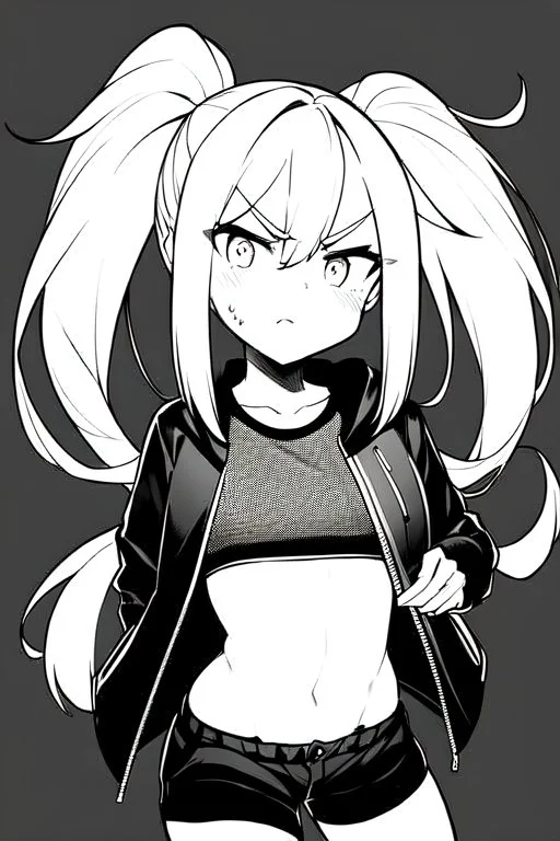 blonde girl with ponytails dressed in a jacket and shorts walks angry, greyscale