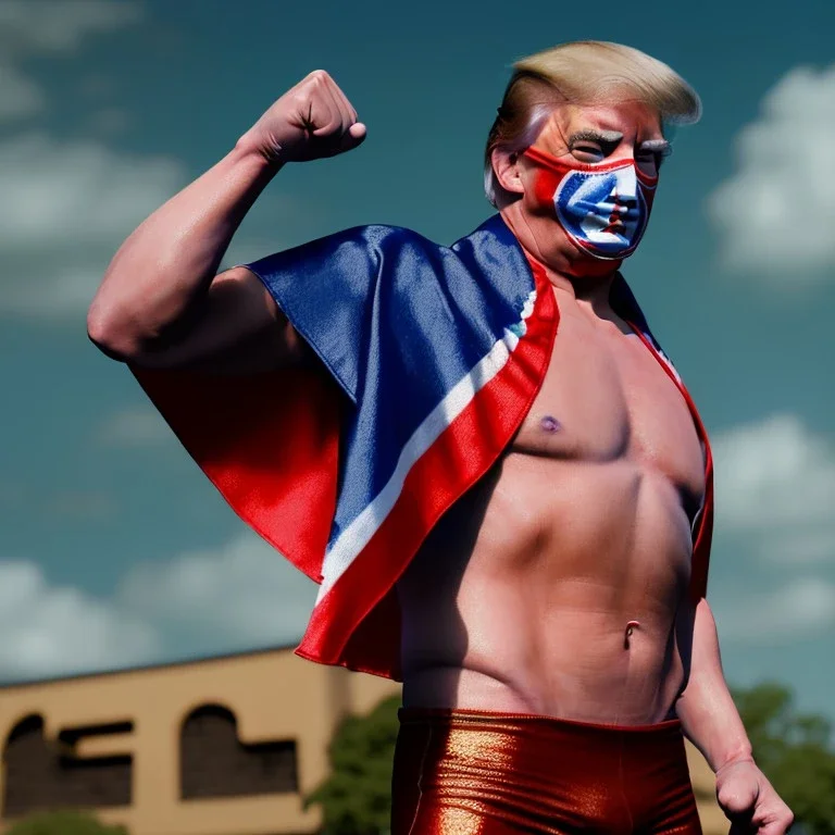 realistic image of donald trump as a mexican wrestling fighter posing outdoors, Mexican eyes wrestling mask, red and blue breeches, confederate flag cape, retro style, 80s, vibrant color, highly detailed, sky background, concept art, unreal engine 5, god rays, ray tracing, RTX, lumen lighting, ultra detail, volumetric lighting, 3d, finely drawn, high definition, high resolution.