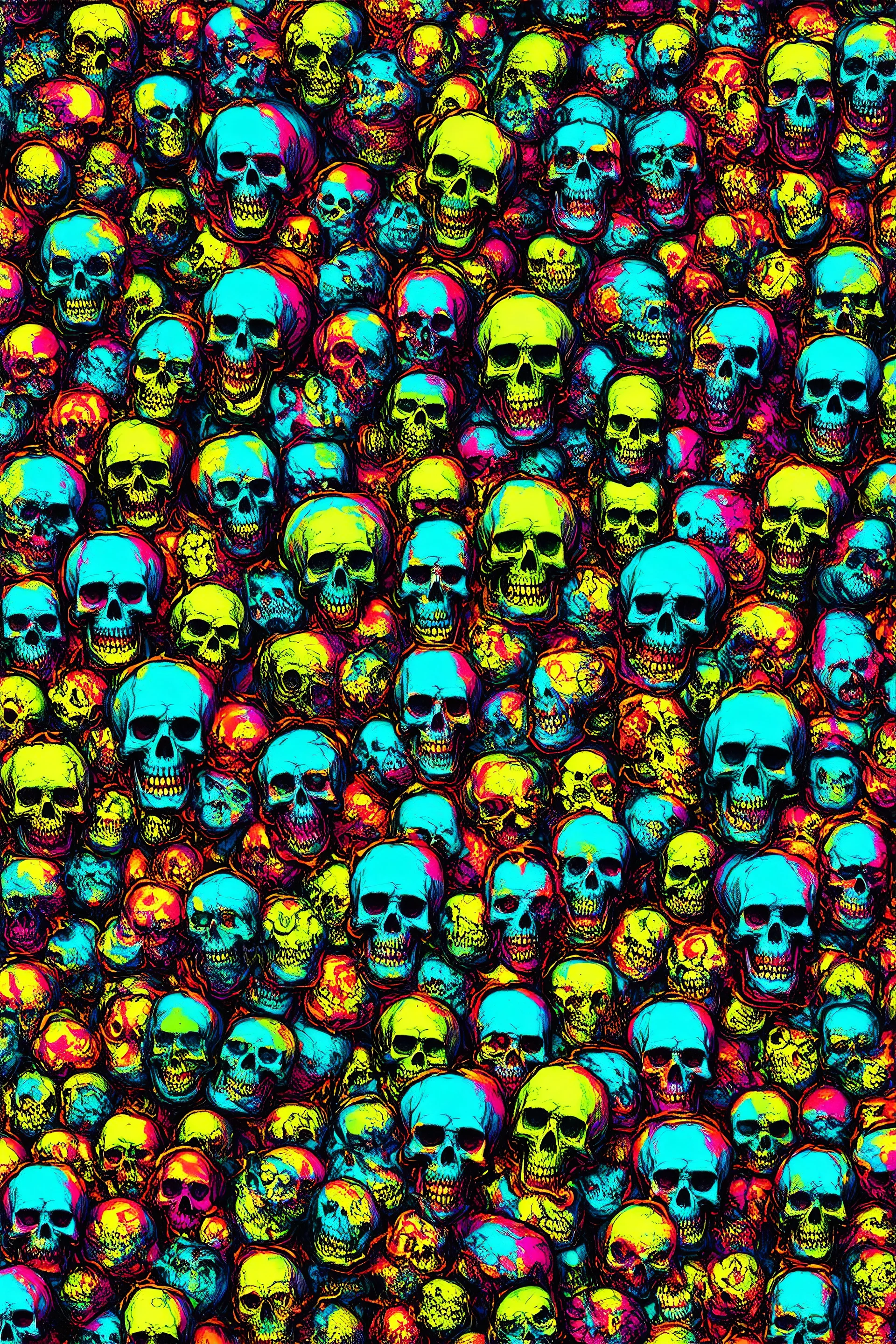a field of 1000s of cartoonish, anatomically correct, skulls, vivid RANDOM BRIGHT neon colors, dark comedy, well lit, high detail, photorealistic, horrorcore, fun, scary, none featured, each a different color or hue,