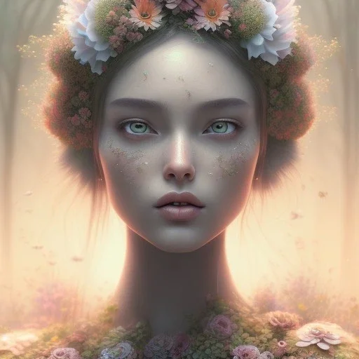 flower beautiful girl,utra realistic,highly detailed, sharp focus, insanely detailed, parallax flowers, honeybee, fantasy art, intricate detailed, elegant, fog, Special Lighting, Vibrant, color Scheme, forest, unreal engine 5, trending on artstation