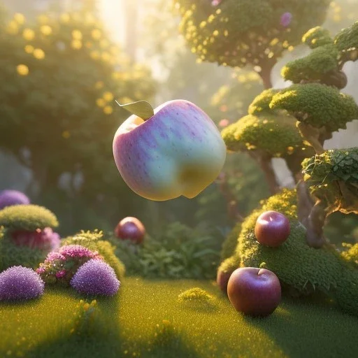 Origami, pixar style, volumetric summer garden environment and background, realistic painting of an apple, looking excited, detailed digital painting, extreme dense and fine fur, anime, ornate, colour-washed colors, elegant, small minutiae, tiny features, particulars, centered, smooth, sharp focus, renderman gofur render, 8k, uhd, detailed eyes, realistic shaded volumetric lighting, sunlight caustics, backlight, centered camera view