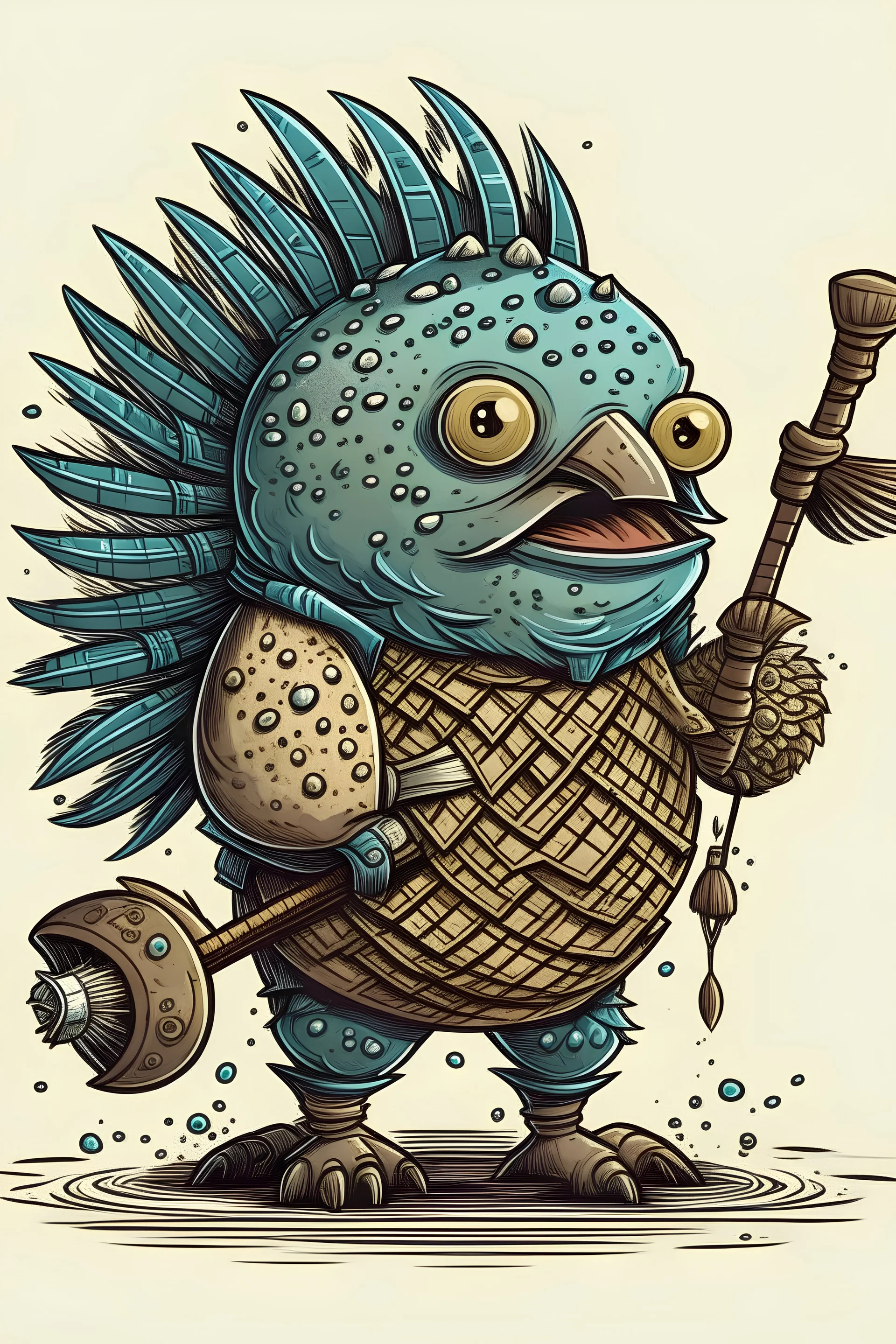 Pufferfish in the shape of a man holding a sledgehammer on a beach with tribal tattoos dnd character style