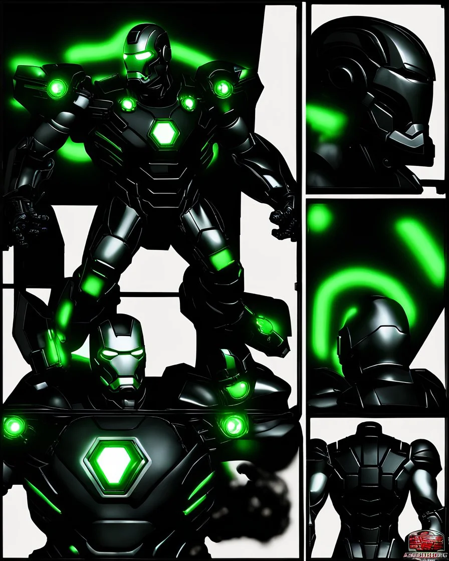 Super IRONMAN armor, kryptonite powered, black armor, black chrome, green lights, built by wayne enterprises, designed by stark industrieshttps://stablecog.com/generate?o=37b70ee1-cbf6-4de2-8ffe-0e02f33ce34f photorealistic, military display, weapons test,