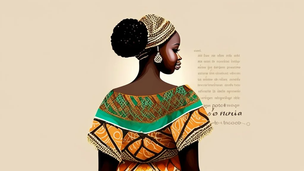 Logo, design, African woman, oil painting, graphic, drawing, without facial features, white background, traditional clothing, cartoon, no features ,patterns in the background, looking back