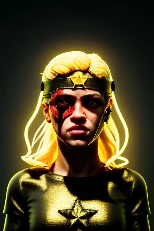 portrait, Shakira, blonde, angry, Realistic image, superhero, watchmen style, make-up, gold make-up, sweat, fog, goddess style, Neon colors, leds. Black background, photo studio, concept art, smooth, unreal engine 5, god lights, ray tracing, RTX, lumen lighting, ultra detail, volumetric lighting, 3d, finely drawn, high definition, 4k.