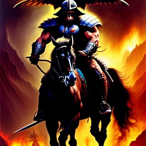 portrait oil on canvas, Death Dealer riding black horse ,comic book cover, mystical colors,insanely detailed,realistic,intrincate detail, 16k resolution, masterpiece,Frank Frazetta,Alex Horley, Simon Bisley,Oscar chichoni