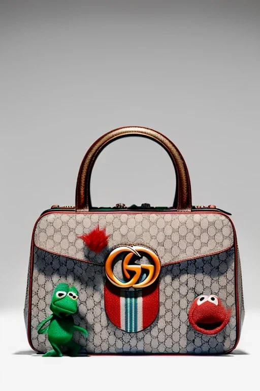 Gucci bag made by muppet face, Sesame Street style, retro style, photo studio, unreal engine 5, god lights, ray tracing, RTX, lumen lighting, ultra detail, volumetric lighting, 3d.