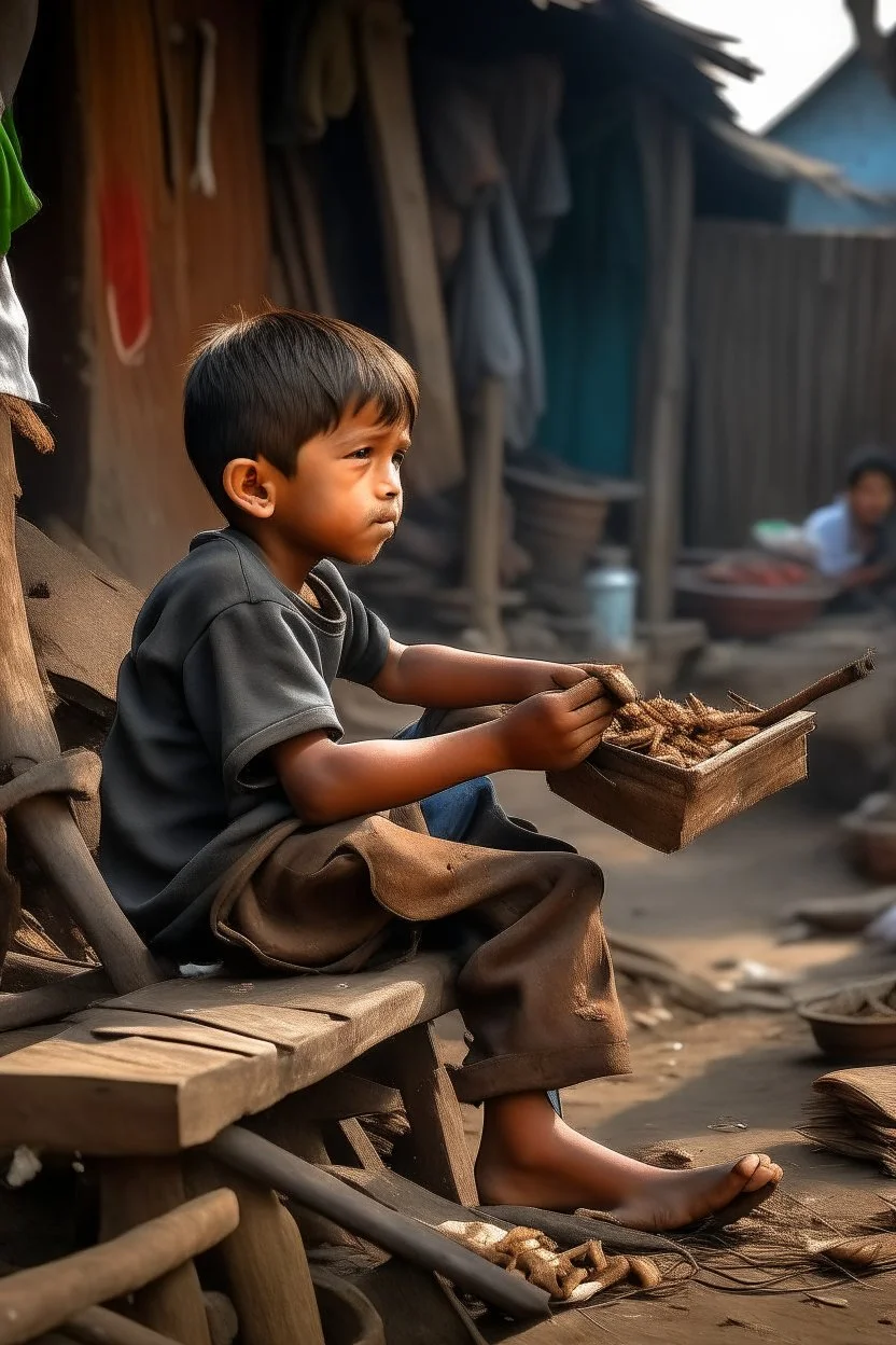 en fattig dreng der sidder i slummen og spiser en skovsnegl