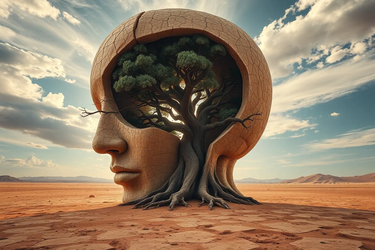 create a surreal image of a giant human head fused with the earth, surface made of dry cracked clay. A large tree grows through the hollow of the face, its branches spreading outward. The desert floor is ancient and textured, sky glows with soft sunlight and clouds. Poetic, mystical tone, ultra-detailed visual storytelling --v 7 --style raw --ar 3:4