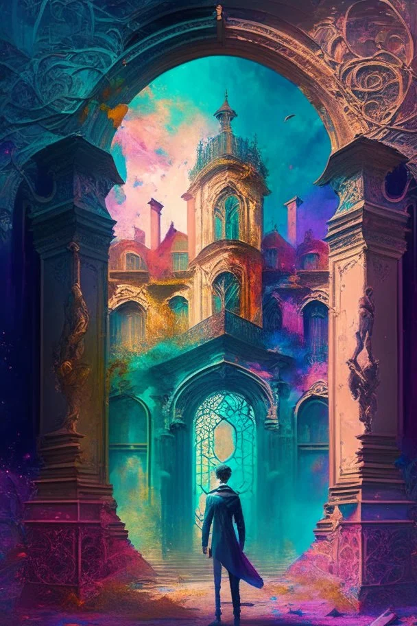 A palace with a time portal, a man, fantasy colours