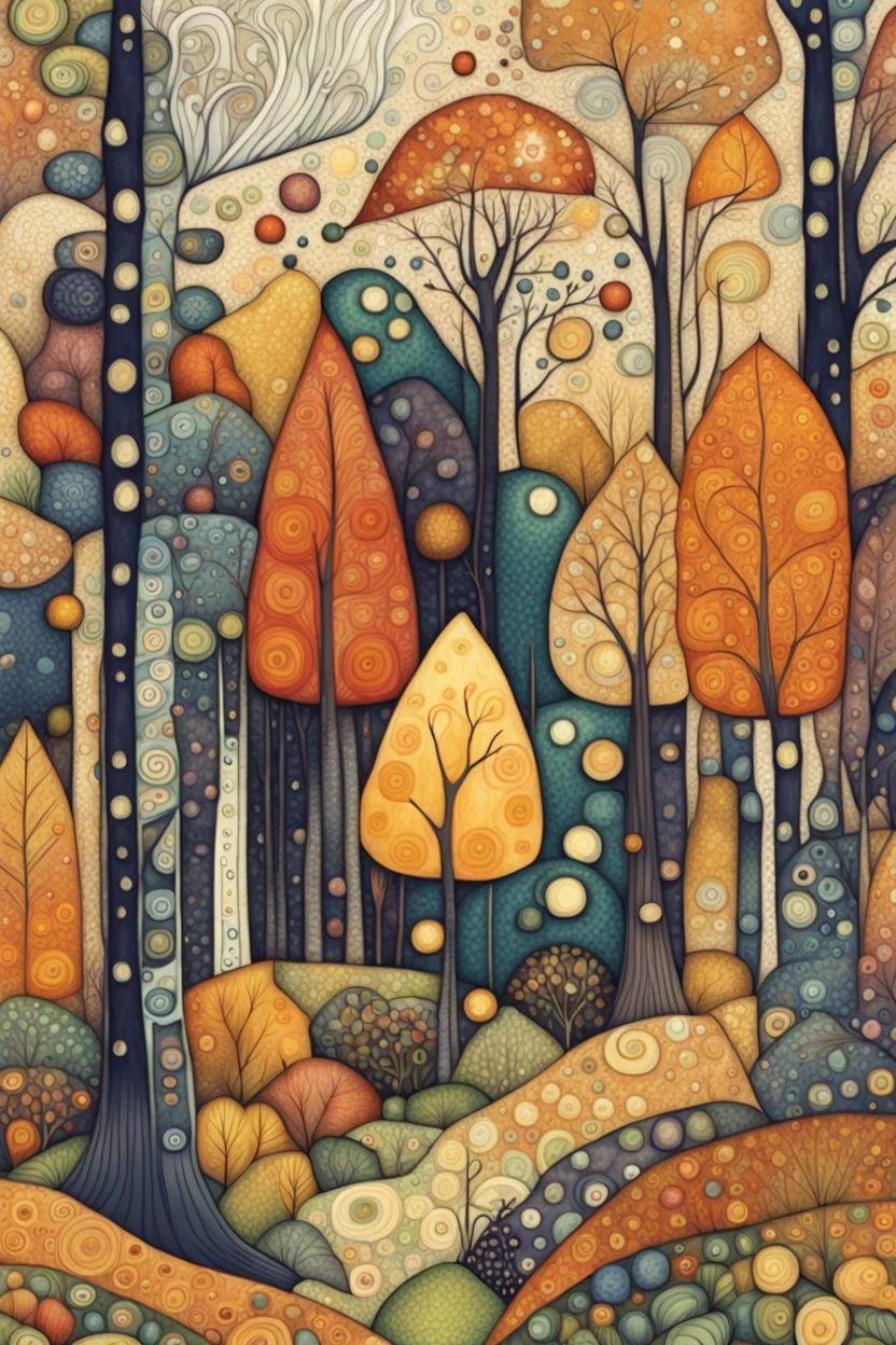 random color Zentangle patterns in the styles of Gustav Klimt ,Wassily Kandinsky, Paul Klee, and Kay Nielsen that depicts a a remote autumn forest glade, with fine ink outlining