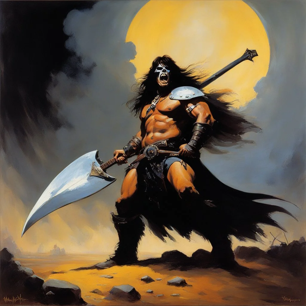 [the Death Dealer: oil painting] Molly Hatchet by Frank frazetta. Molly Hatchet is fighting with his guitar as a sword, the screams of pain and suffering echo of his opponents as they are dispatched all around him. Even in death, they call his name, begging forgiveness for their failure to win the day.