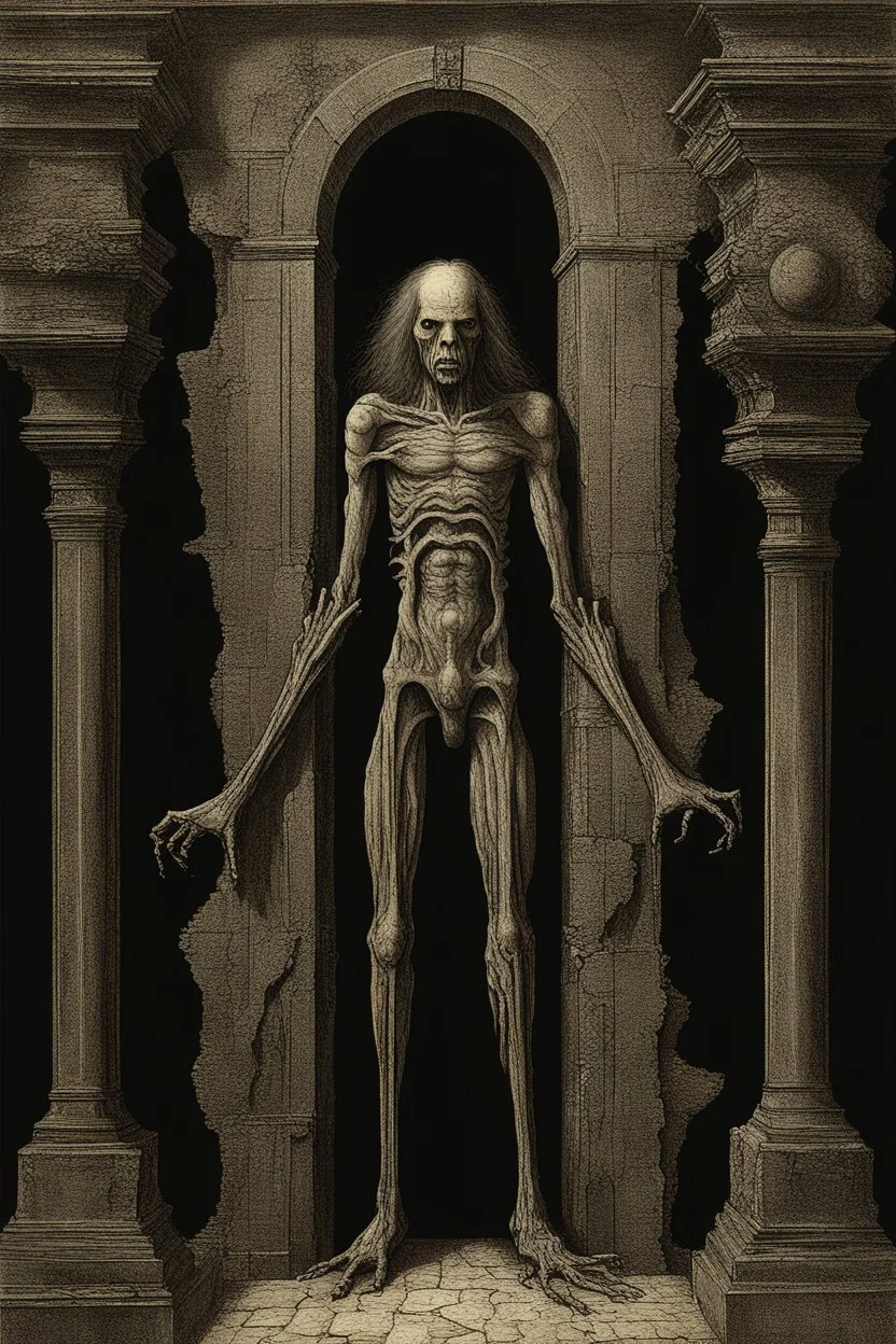 The full body of a man with long hair, holding a bat with both hands coming out a broken wall, decayed and rotting with grotesque proportions and imagery. surreal horror, biomechanical design, by hr giger and beksinski