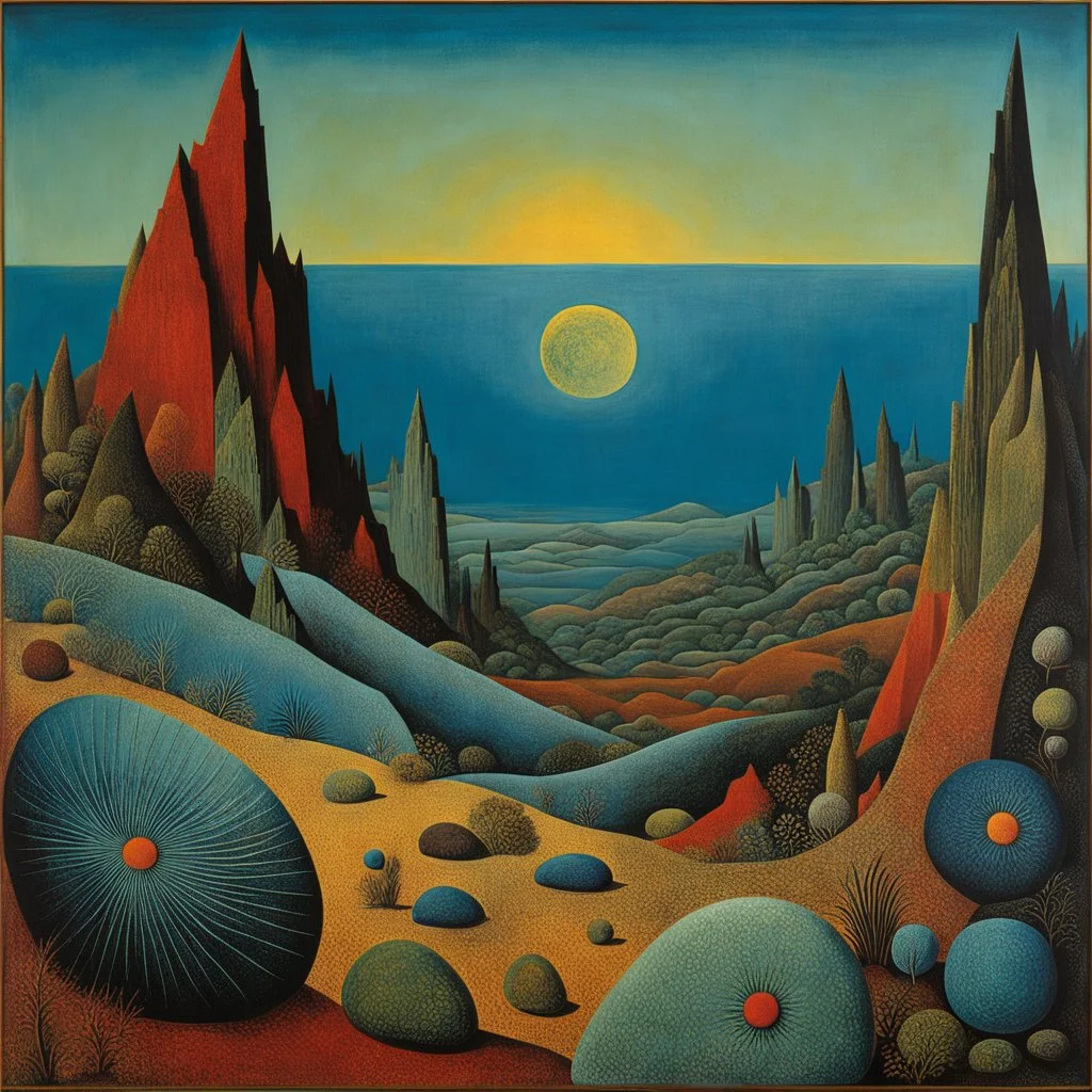 For The Eyes of Silence Max Ernst employed a technique called decalcomania to create arbitrary textures on the canvas, which he then reworked to resemble rock formations and forms of animals, plants. a primordial-like "part vegetation, part rock and part bejewelled