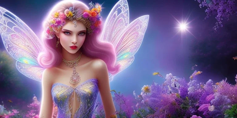 bright fairy, beautiful portrait, flowery landscape