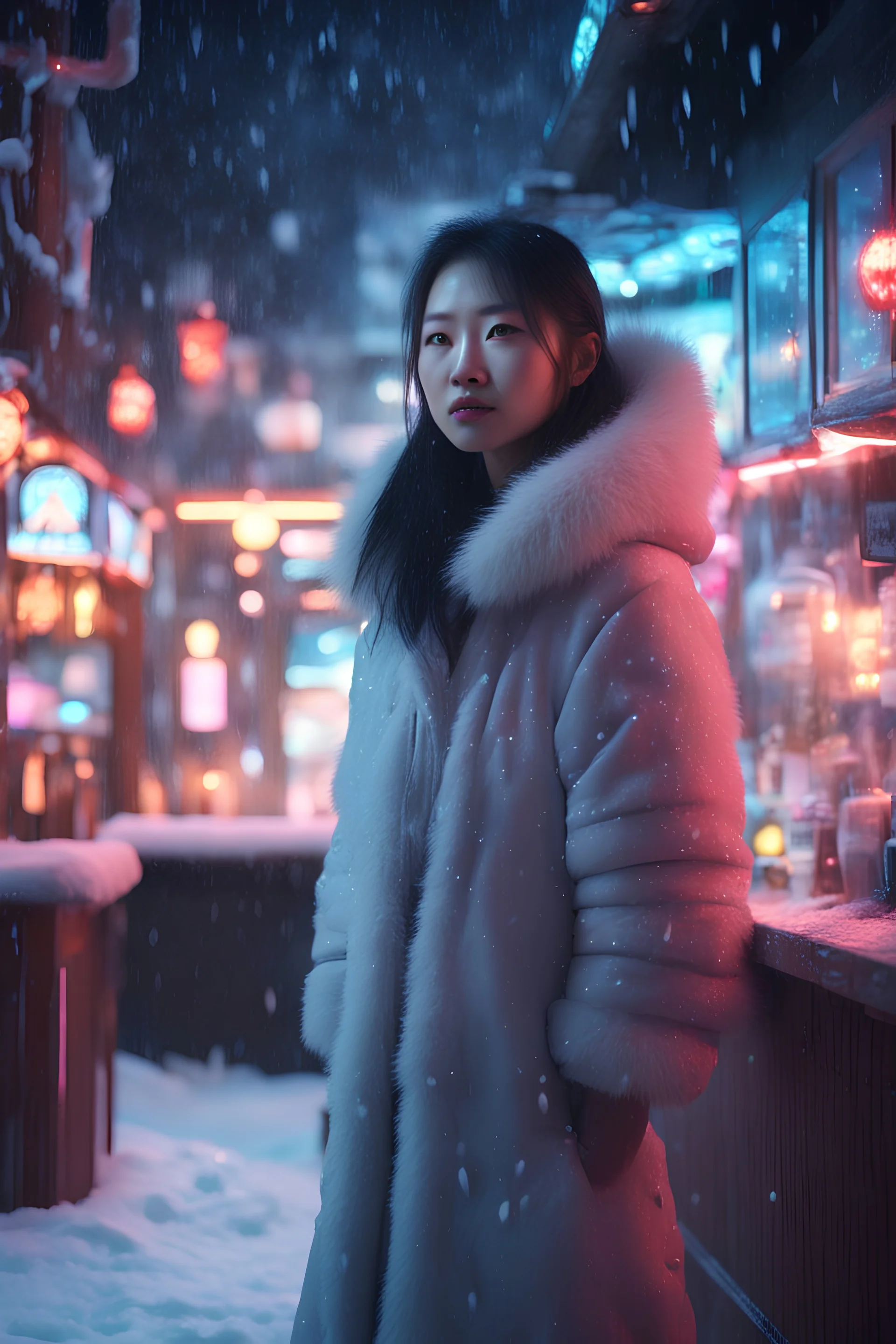 a pretty asian eskimo woman walks inside a bar, fantasy world, winter, neon lights, heavy snow falling, freeing cold, empty streets, fantasy world, 4k