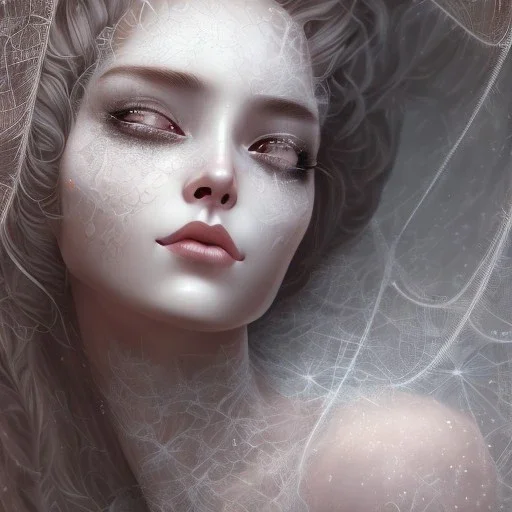 woman sleeping on satin pillow with spiderwebs on face, goth, mascara running down cheeks, 8k, high-quality, fine-detail, intricate, sharp, crisp, digital art, detailed matte, illustration, octane render, brian froud, howard lyon, Anne Dittman, Anne Stokes, Lisa Parker, Selina French