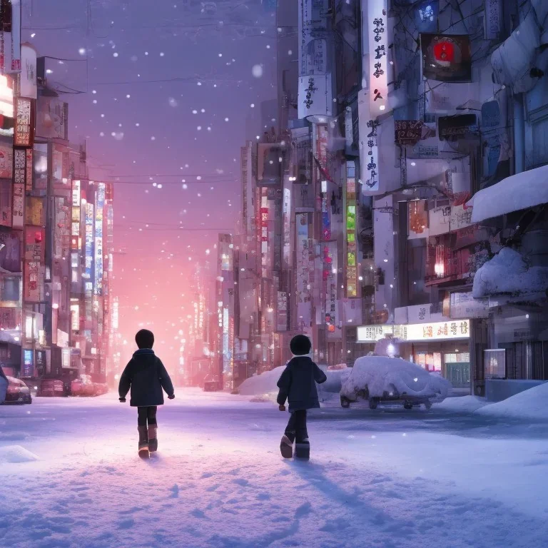 behind photo A young boy walking streets in tokyo post apocalyptic, night, snow