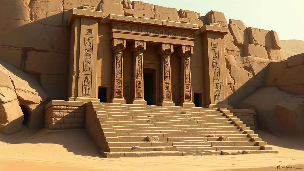 Digital painting of an ancient, weathered temple entrance set in a desert environment. The layout features a grand staircase leading up to three large, rectangular doorways, each framed by massive stone pillars adorned with intricate carvings and hieroglyphs. The stone structure is partially buried in sand, with visible erosion and cracks indicating its age. The color palette is dominated by earthy tones of beige, brown, and muted greens, with shadows adding depth and a sense of mystery. In the