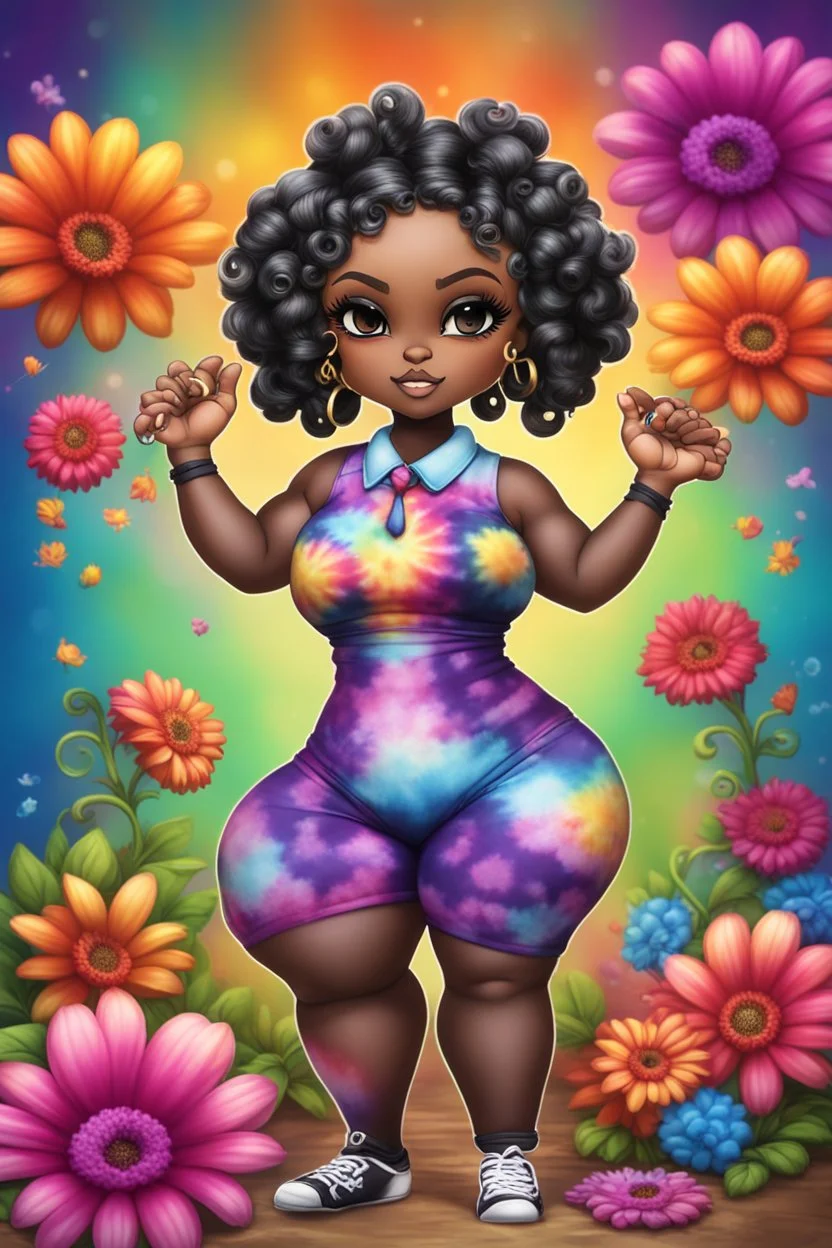 Create an airbrush image of a chibi black curvy female wearing a tie dye yoga outfit. Prominent make up with hazel eyes. Highly detail ombre Bantu knots. background of colorful large flowers 2k