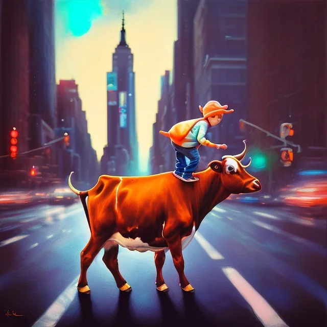 A one-year-old boy rides on the cow in the middle of a busy street in new york. photographic, bright colors and sunset, fantasy art, Anna Dittmann, digital painting, dan mumford, oil on canvas, jeff koons, akihito yoshida, wlop, kodachrome.