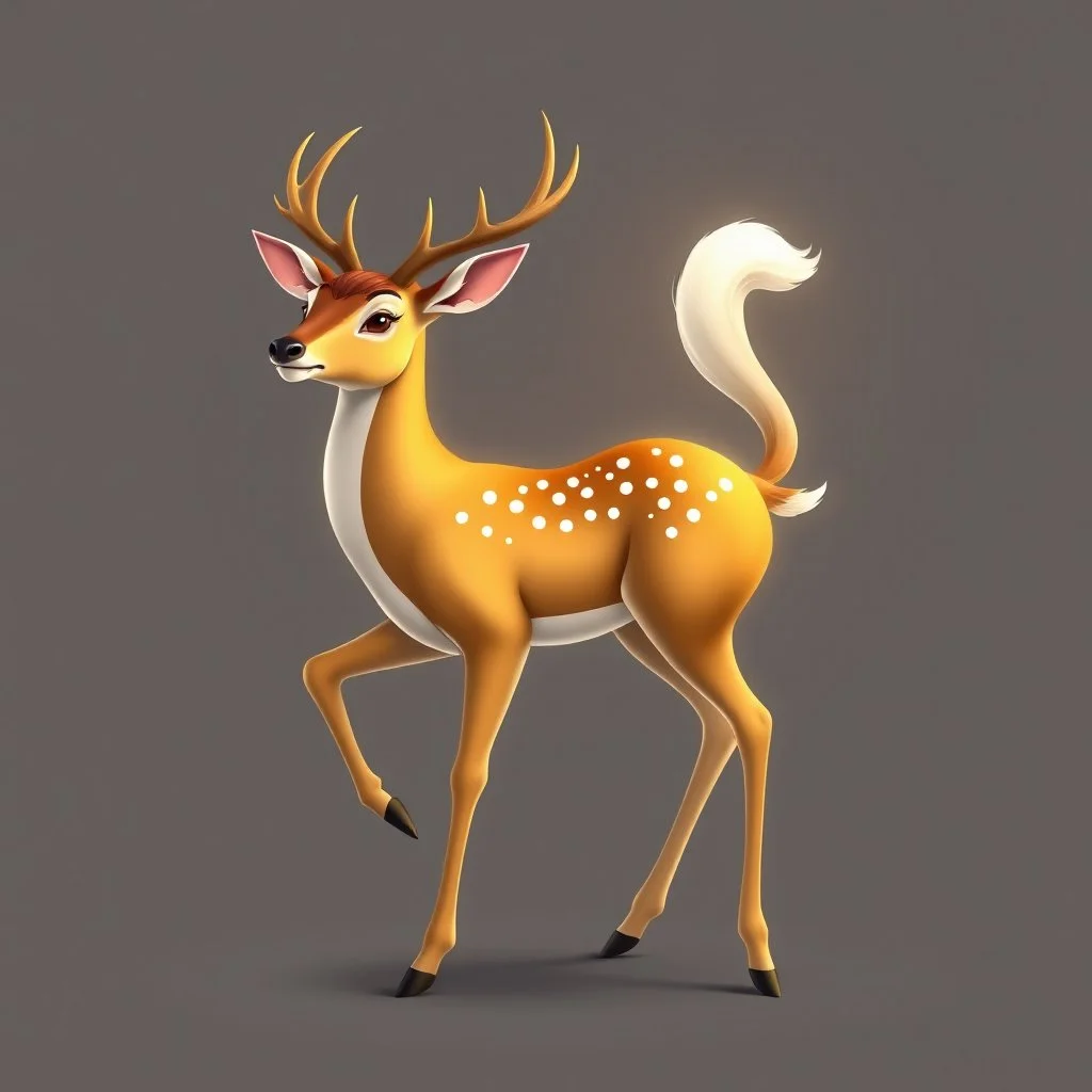 full body of adult white tail deer, proud, heroic, chest out, tail upward, on flat background, In the style of 'My Little Pony' and 'Bambi', fantastic lighting