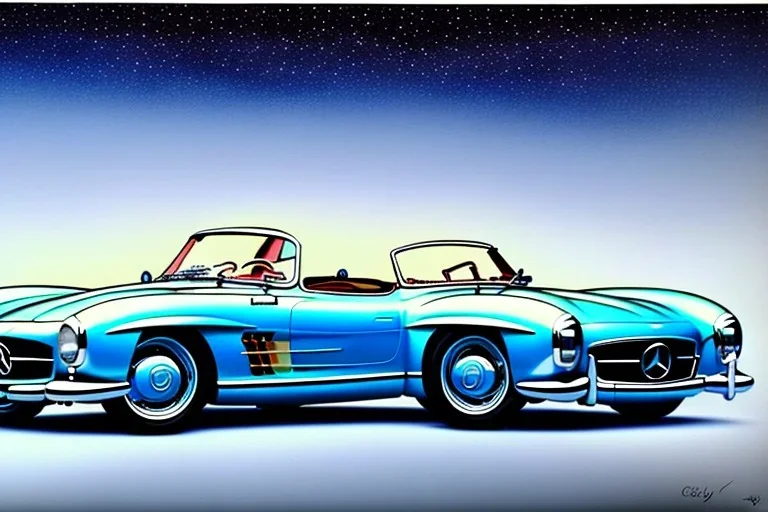 a true-to-life 1956 mercedes benz 300 sl roadster, centered, intricate, extreme detailed, photorealism, center view, city background, pivot on mercedes, pen and color marker painting by cheryl kelley