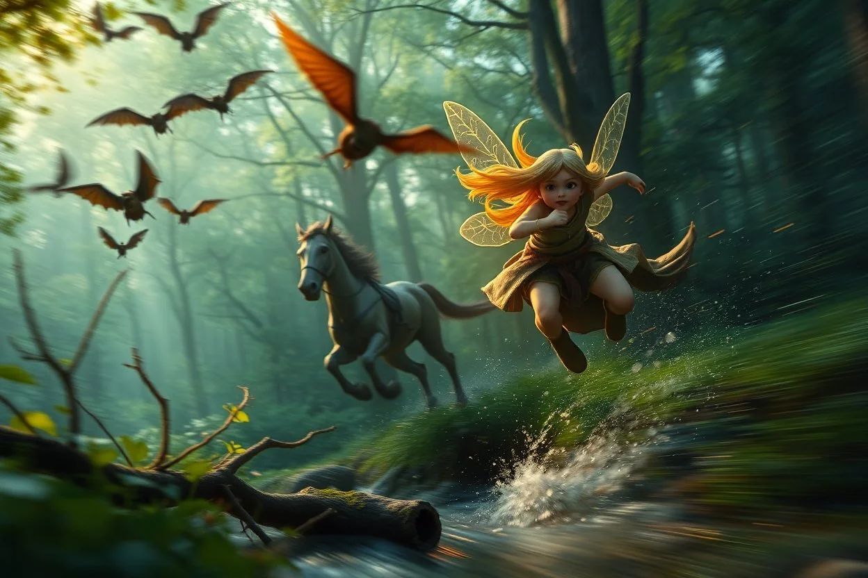 volumetric light, oil painting ,evening and motion blur running caped long haired pixie Quickling - Forgotten Realms dodging flying bats above water and along winding branches in lush green forest along speeding horses , bokeh like f/0.8, tilt-shift lens 8k, high detail, smooth render, down-light, unreal engine, prize winning