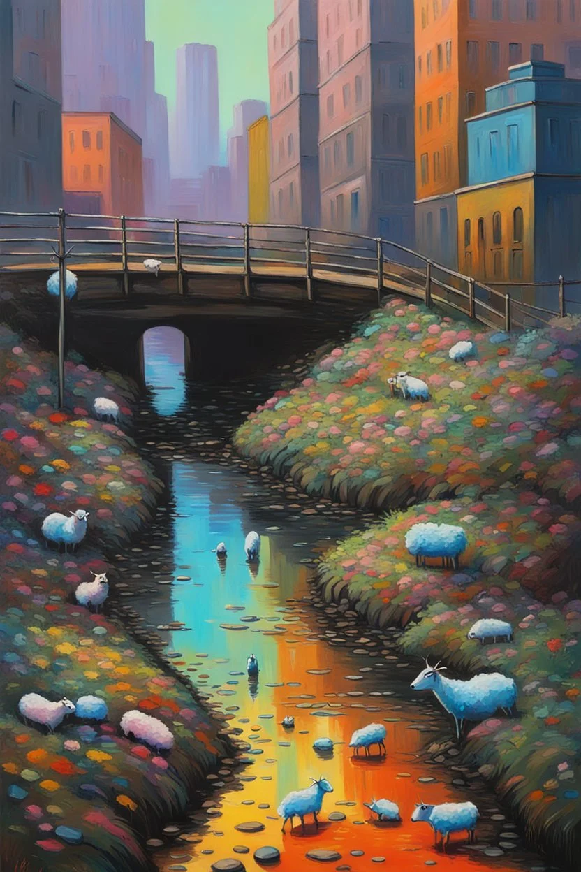 painting of a cyberpunk colourful natural walkway rubbish on the street in the city with pollution and a small bridge by a creek with electric sheep and androids by monet