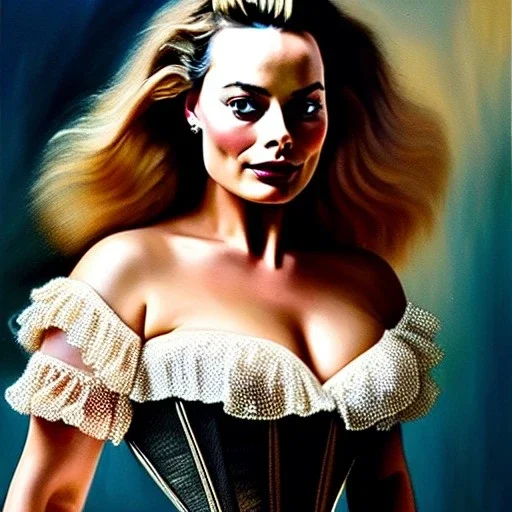 Ultra detailed fullbody Portrait in oil on canvas of fit beautiful mature realistic busty Margot Robbie ,wearing 18th Century Corset ,extremely detailed digital painting, extremely detailed face,crystal clear eyes, mystical colors ,perfectly centered image, perfect composition, rim light, beautiful lighting,masterpiece,8k, stunning scene, raytracing, anatomically correct, in the style of robert e howard and Wizyakuza and Ohrai Noriyoshi and Simon Bisley and uncannyknack