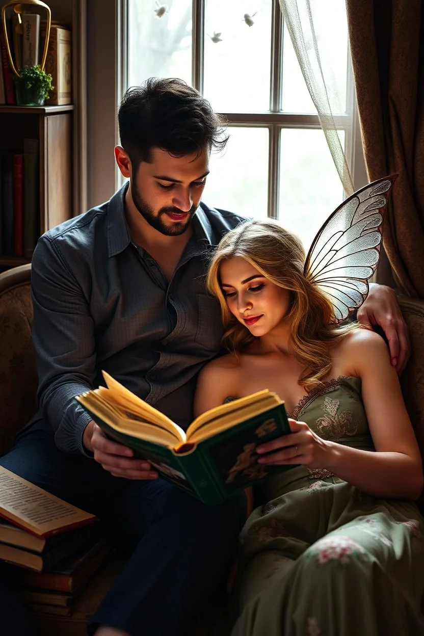 A man, intrigued by his wife's collection of fairy books, decides to delve into one of them for the first time. As he begins to read, he's taken aback by the rich, sensual undertones woven into the enchanting tales. The fairies in these stories are not just whimsical creatures, but beings of intense passion and desire. He finds himself entranced by the sophisticated, The experience opens up a deeper, more intimate connection between them, as they share and discuss the allure of this adult fairy